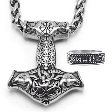 Imagem de Colar BaviPower Thor's Hammer Mjolnir com pingente Viking masculino com estampa de cabeça de cabra dupla 316L aço inoxidável nórdico escandinavo vikings joia