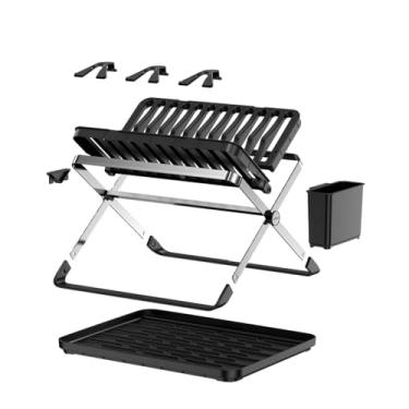 Imagem de Escorredor de Pratos Loulas Dobrável p/Cozinha Preto, Suporte de Utensílio em Metal, Escorredeira Portátil para Armazenamento e Secagem