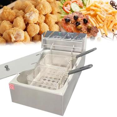 Imagem de Fritadeira elétrica comercial, cesto removível, controle de fritadeira elétrica de bancada de aço inoxidável e filtragem de óleo, temperatura ajustável, para restaurante comercial, frango frito
