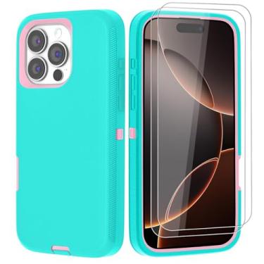 Imagem de PQC Capa para iPhone 16 Pro Max com 2 protetores de tela - capa resistente à prova de choque de grau militar contra quedas à prova de poeira 360° (água-marinha + rosa)