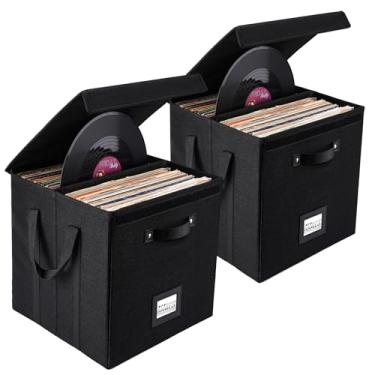 Imagem de Caixa de armazenamento de discos de vinil – Capa de tecido de linho de 33 cm para mais de 120 álbuns LP, caixas organizadoras empilháveis e dobráveis com tampa, pacote com 2
