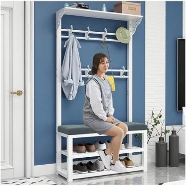 Imagem de Rack de casaco suporte hall árvore com banco sapato livre pé 8 ganchos prateleira armazenamento entrada metal quadro cabide para corredor quarto
