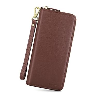 Imagem de nuoku Carteira feminina com suporte para cartão de crédito, bolsa de celular para sofá, carteira de couro sintético com bloqueio de RFID, Café, Bolsa de pulso