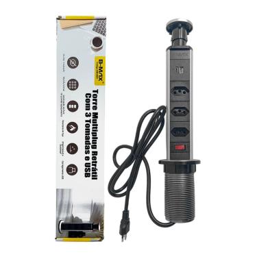 Imagem de Torre Multiplug Retrátil - 4 Soquetes, 3 Tomadas Padrão, 1 Entrada USB 2.1A, 1 Entrada Tipo C - Aterramento, Bivolt 110-250V, Proteção Anti-Choque