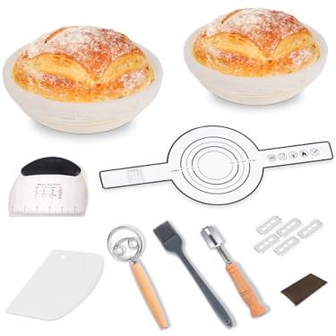 Imagem de Deceny CB Kit De Cesta De Fermentação De Pão, Cesta Redonda De Fermentação De Fermento Natural De 9" E 10" Com Forro De Linho, Suporte De Silicone Para Pão, Lâmina De Pão, Batedor De Massa Dinamarqu