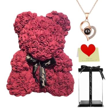 Imagem de Urso de pelúcia rosa grande de 40 cm com caixa de presente, urso de flores para aniversário, dia das mães, casamento, aniversário, presente romântico para ela (bordô)