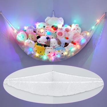 Imagem de Unicorn Castle Rede de animais de pelúcia para armazenamento de brinquedos infantis com luz de LED, organizador de brinquedos de pelúcia para pendurar no canto, suporte para berçário, decoração de