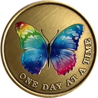 Imagem de Borboleta colorida arco-íris One Day at A Time Medalhão Serenidade Oração Bronze Chip