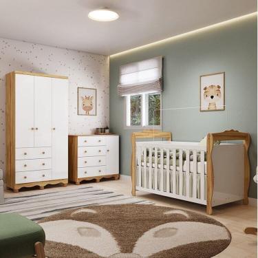Imagem de Quarto de Bebê Completo Guarda-roupa 3 Portas Cômoda e Berço Minicama 100% Mdf Nina Espresso Móveis Branco Brilho/Amêndoa