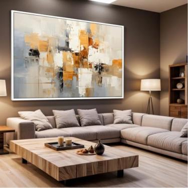 Imagem de Quadro Decorativo com Moldura Sala 90x60 Pintura Arte Abstrato Bege Branco Marrom Dourado Luxo Grande Horizontal