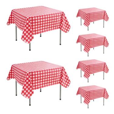 Imagem de Enjoyidea Toalha de mesa de vinil com forro de flanela, pacote com 6, vermelho e branco, 137 x 137 cm, impermeável, xadrez, plástico, xadrez, toalha de mesa quadrada para piquenique, festa