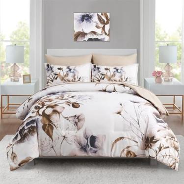 Imagem de Luxudecor Conjunto de edredom floral, tamanho casal, 7 peças, canteiro de flores bege em uma bolsa, edredom floral elegante com jogo de cama, microfibra macia para todas as estações (bege, 203 x 228