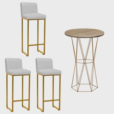 Imagem de Kit Mesa Bistrô Flork e 3 Banqueta Lucca Alta Com Encosto Bar Gourmet Tampo Madeira Ferro Dourado Corino Branco - Ahazzo Móveis