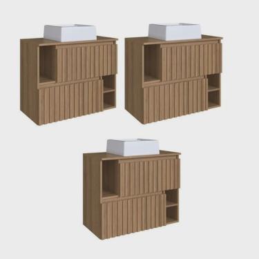 Imagem de Kit com 3 Gabinetes de Banheiro Suspenso 75cm Luiza com 2 Portas Basculante com Cuba Mel
