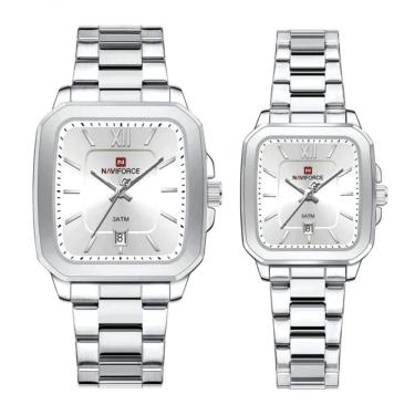 Imagem de Relogios De Pulso Analógico Conjunto De Casal Em Aço Inoxidavel Design Quadrado Impermeavel Branco