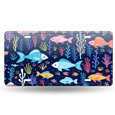 Imagem de Desenho animado de vida marinha com desenho animado baleia tartaruga cavalo marinho água-viva peixe caranguejo estrela do mar padrão concha do mar criativo capa de placa de licença - etiqueta de carro