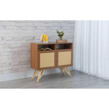 Imagem de Balcão Buffet Mdf Freijó Pés Taeda 2 Portas Com Nicho E Palhinha Retrô