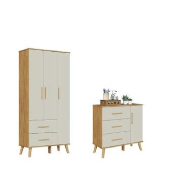 Imagem de Kit Guarda Roupa e Cômoda Infantil Moveis Peroba Sky MDF Ls, Off White