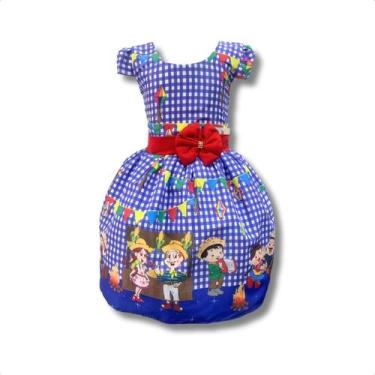 Imagem de Vestido Infantil Festa Junina Casal Caipira Xadrez Azul - Pequenos Enc