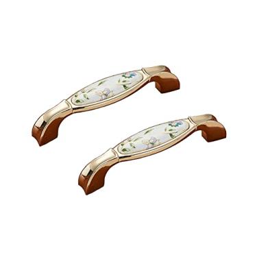 Imagem de Puxador de armário retrô padrão floral puxadores de armário de cerâmica puxadores de gaveta para porta de cozinha puxadores de móveis de guarda-roupa (ouro 96 mm)