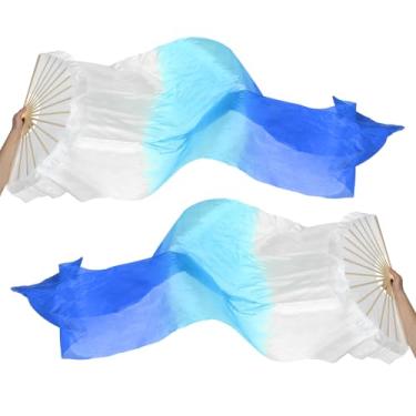 Imagem de PATIKIL Véu de seda para 16 leques de dança do ventre 150 cm, 1 par (esquerda + direita) ventilador de dança longo dobrável de madeira para apresentação de dança, branco azul safira azul