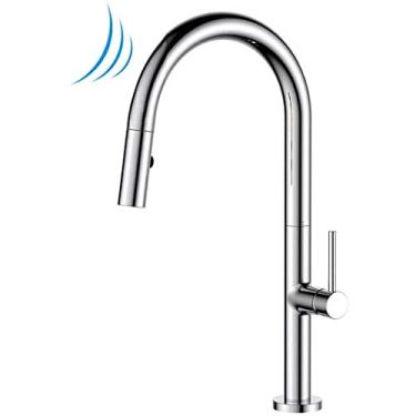 Imagem de WYUYIWH Torneira misturadora de cozinha moderna, bico duplo, torneiras misturadoras de cozinha sem toque com spray de puxar rotação de 360 graus, suporte único, sensor de puxar para pia de cozinha