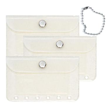 Imagem de Mogoostry A7 bolsos para fichário, 3 peças, bolsa transparente para moedas, 6 furos, fecho de pressão, carteira branca com glitter, porta-cartões, porta-chaves, organizador