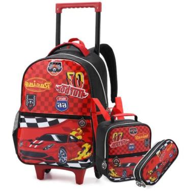 Imagem de Mochila De Rodinha Lancheira Estojo Infantil Escolar Cor Carro De Corr