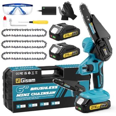 Imagem de Mini motosserra, Gisam Motosserra elétrica sem fio de 15 cm - Motor sem escova, baterias 2 x 2 Ah e pacote de segurança - 2025 atualizado para poda de árvores, acampamento e presentes DIY