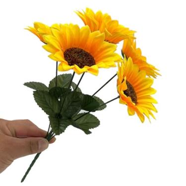 Imagem de Pacote com 2 buquês de girassol de seda artificial – Flores falsas amarelas realistas de 30 cm com 5 cabeças cada para decoração de casa de fazenda, centros de mesa de casamento, arranjos de vasos de