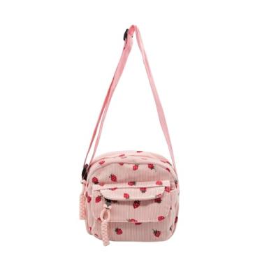 Imagem de Long Keeper Bolsa tiracolo feminina de veludo cotelê fofa bolsa de ombro de morango bolsa carteiro para telefone bolsa transversal bolsa de mão, rosa, Linda bolsa tiracolo com estampa de veludo cotelê