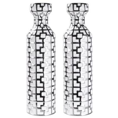Imagem de NewSangXia Conjunto de 2 vasos de chão de 62 cm. Vaso branco com padrões geométricos prateados, vasos de flores modernos de cerâmica para sala de estar, entrada, decoração interna/externa, vaso grande