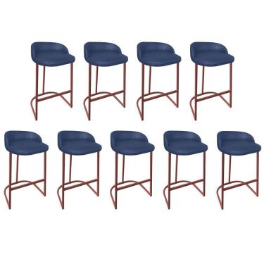 Imagem de Kit 09 Banqueta Betyna Com Encosto Alta Cozinha Balcão Ferro Bronze Linho Azul Marinho - Amey Decor