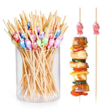 Imagem de JtmyAota 100 palitos de dente extravagantes para aperitivos, palitos de coquetel de 12 cm para decoração de festa, espetos de aperitivo de bambu para charcutaria, sanduíche, hambúrgueres de frutas