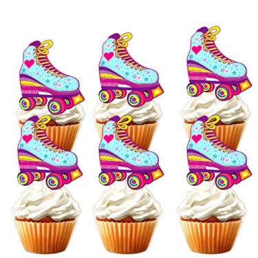 Imagem de Patins com glitter coração rosa sobremesa cupcake topper menino menina feliz aniversário decorações de festa anos 80 anos 90 retro hip hop patinação tema decoração suprimentos 18 peças