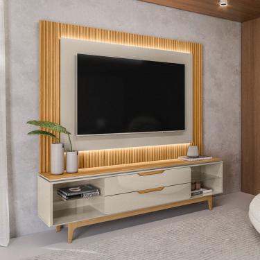 Imagem de Rack para TV Até 70 Polegadas Anjos 2 Gavetas Ripado com Led Tauari/Off White Brilho - Pnr Móveis