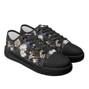 Imagem de GOSTONG Tênis feminino casual de lona antiderrapante cano baixo tênis feminino com cadarço aumento de altura preto tamanho 35-44, Flores retrô, 41