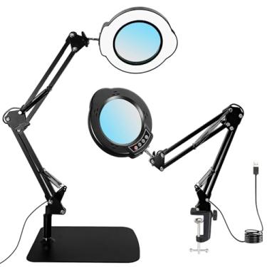 Imagem de Amzchen Lupa 15X Com Luz E Suporte, 5 Modos De Cor, 10 Níveis Brilho Ajustável, Braçadeira Para Lâmpada Mesa 2 Em 1, Led Viva-Voz Artesanato, Hobby, Leitura, Reparo, Close Works