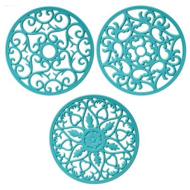 Imagem de Viwehots Tapete De Silicone Para Panelas E Frigideiras Viwehots, Tapetes Multiuso Com Entalhes Complexos, Mesa Cozinha Moderno Flexível, Conjunto 3 Porta-Copos Redondos Resistentes Ao Calor, Azul-Pe