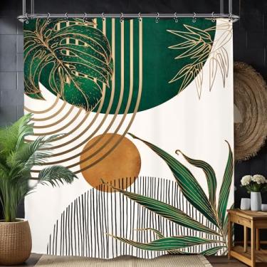 Imagem de Yookeb Cortina de chuveiro abstrata verde esmeralda 152 cm L x 188 cm de altura Moderna Minimalista Vintage Folhas Estéticas Meados do Século Folhas Planta Geométrica Poliéster 12 Ganchos de Plástico