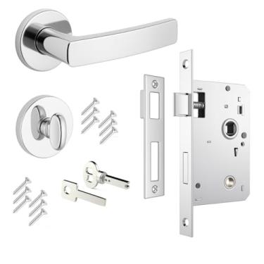 Imagem de Kit 1 Fechadura Completa Banheiro Soprano Pali Porta Madeira Chave Fixa Maçaneta Roseta Redonda Contra Testa Parafusos