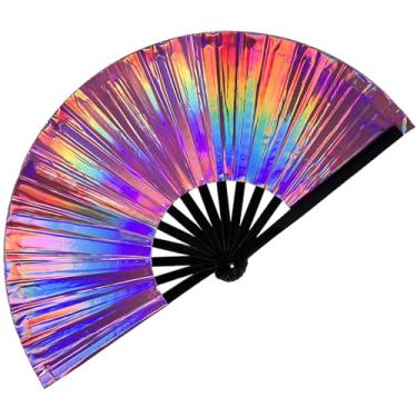 Imagem de dmjuncong 1 ventilador grande dobrável de rave, ventilador portátil Clack, ventilador holográfico a laser roxo, para dança em linha, festivais, roupas de arco-íris, festa discoteca, decoração de casa