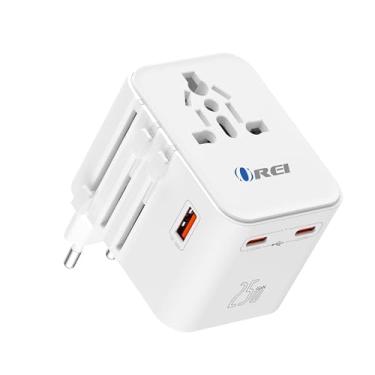 Imagem de Orei Adaptador de plugue de viagem mundial - 2 USB + 1 saídas universais - slots para Europa, Ásia, China, Japão, África - Perfeito para celulares, tablets, câmeras e mais