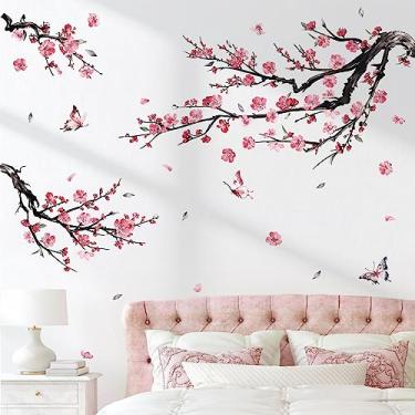 Imagem de decalmile Aquarela Ramo de Flor Rosa Decalques de Parede Ramos de Árvore Flores Adesivos de Parede Floral Sala de Estar Quarto Sofá TV Fundo Decoração de Parede