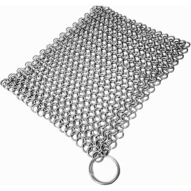 Imagem de Mythrojan Limpador de ferro fundido Esfregão de cota de malha de aço inoxidável com anel de suspensão para limpeza de frigideira de ferro fundido, wok, panela, grelhas, caldeirão de ferro fundido - 19