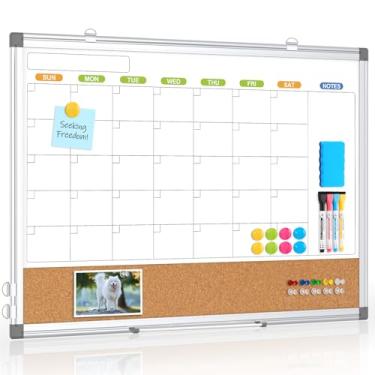Imagem de Quadro branco apagável a seco para parede, WALGLASS 61 cm x 45,7 cm, calendário mensal de dupla face, quadro branco, quadro branco, quadro de rolha montado na parede, quadro de cortiça prateado para