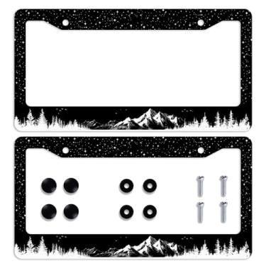 Imagem de Molduras de placa de licença de floresta montanhas preto branco céu noturno molduras personalizadas molduras de placa de carro de aço inoxidável metal placa de carro etiqueta engraçada decoração