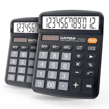 Imagem de CATIGA Calculadora de mesa (pacote com 2) 12 dígitos com visor LCD grande e botão sensível, energia dupla solar e bateria, função padrão para escritório, casa, escola, CD-2786 (2 pretos)