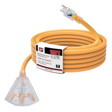 Imagem de EP Cabo De Extensão Externo Resistente Sjeow 15 Pés E 14/3", Alimentação Amarelo Com 3 Saídas Plugue Iluminação Led, À Água Para Uso Interno/Externo, Gramado, Jardim, Eletrodomésticos Ferramentas