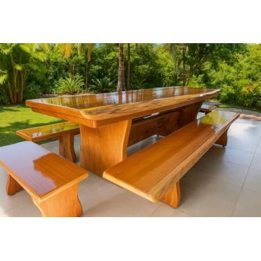 Imagem de Mesa de Jantar Rústica em Madeira Maciça Garapeira com 4 Bancos, Design Contemporâneo, Acabamento em Verniz Natural - 10 Lugares
